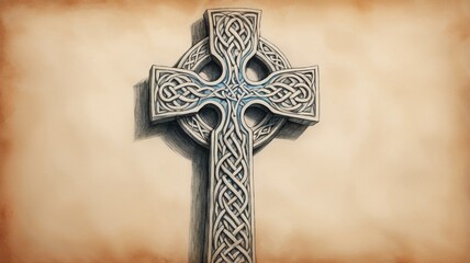 Intricate Celtic cross illustration with knotwork details on a textured background for art design