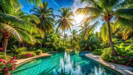 A serene oasis where lush palms stand tall, their fronds casting shadows on the shimmering surface of a sparkling pool.