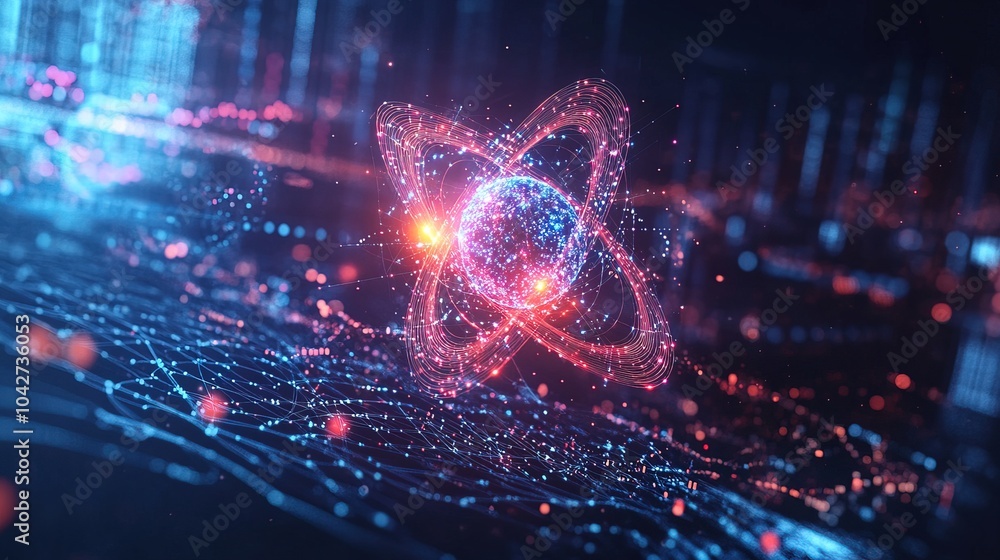 Aufkleber dynamic atom in motion above vibrant data statistics and analytical graphs