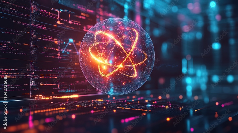 Aufkleber dynamic atom in motion above vibrant data statistics and analytical graphs