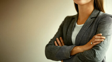 Fototapeta premium Business woman in dark suit. Isolated image on white background. Place for text for advertising and presentation