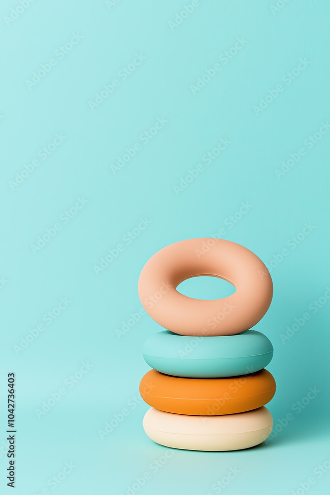 Poster playful stack of colorful modern donut shapes on a soft blue background