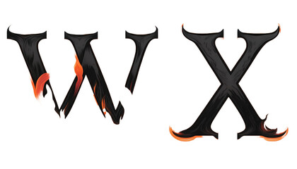 W-X Black fire alphabet letters W X isolated on white background burning effect fiery textured typography