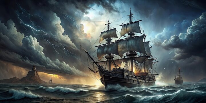 A majestic sailing ship braves the tempestuous ocean, its sails billowing against a backdrop of dramatic storm clouds and lightning strikes.