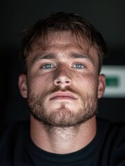 Obraz premium Intense Portrait of a Young Male Athlete with Striking Blue Eyes and a Strong Expression
