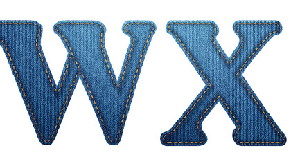 W-X Realistic sewn denim fabric letters W X isolated on white background textured alphabet stitching effect