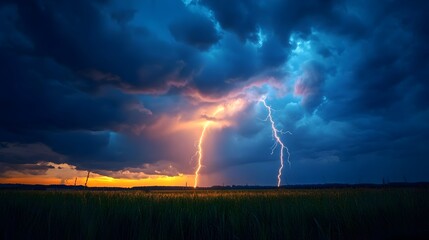 Obraz premium Dramatic Storm with Powerful Lightning Bolt Striking in Moody Rural Landscape