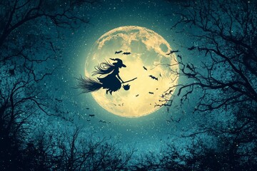 A detailed silhouette of a witch flying on a broom with a black cat against a full moon, perfect for Halloween-themed vector illustrations.