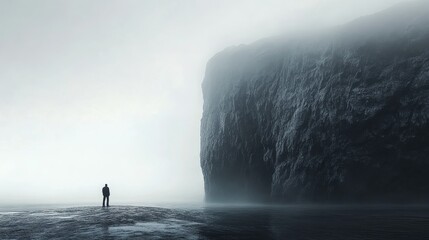 A solitary person gazes at a massive cliff in fog