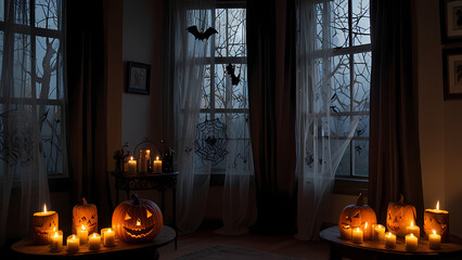 Obraz premium curtains with a Halloween-themed painting, featuring spooky designs such as ghosts, bats, and dark trees