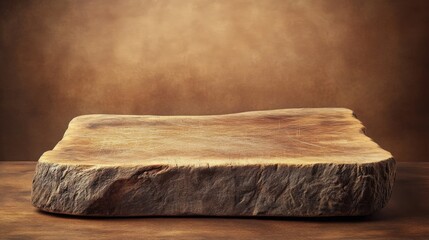 A large, textured wooden chopping board, rich in natural grain and imperfections, placed against a plain brown background.