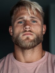 Obraz premium Close-Up Portrait of a Confident Young Man with Blue Eyes and Beard