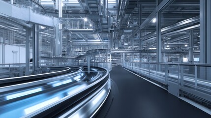 Fototapeta premium A futuristic industrial space with sleek metal structures and illuminated pathways.