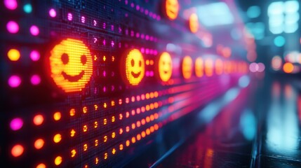 Fototapeta premium Glowing digital smiley faces on a vibrant LED display in a colorful, futuristic setting