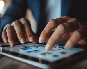 Business professional's manicured hands analyzing graphs on tablet, office background