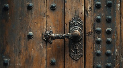 Obraz premium A vintage-style wooden door with an ornate metal handle, displayed on a simple neutral background