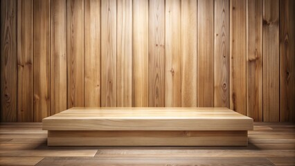 Wooden showcase podium with product display platform against a wooden background , showcase, podium