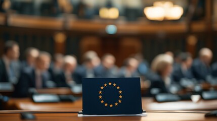 A European flag is prominently displayed in a formal meeting setting, with blurred figures of attendees engaged in discussion.