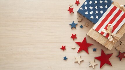 Fototapeta premium A festive arrangement featuring red, white, and blue gifts and star decorations, perfect for patriotic celebrations like Independence Day.