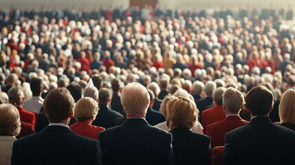 A large audience seen from behind, showcasing a diverse crowd in formal attire, gathered at a significant event.