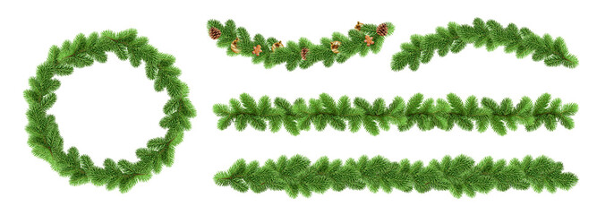 Set of christmas garland pine tree isolated on white