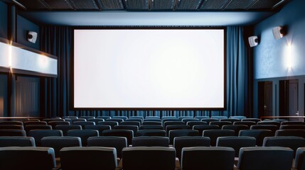 Empty movie theater with blank screen and rows of seats before a film showing