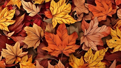 Fototapeta premium A colorful array of autumn leaves, featuring deep reds, bright oranges, and golden yellows, symbolizing the fall atmosphere.