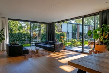 Fototapeta premium Modern living room with large windows overlooking a lush garden.