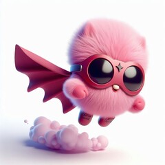 Fototapeta premium 3D superhero A little pink monster flying with a cloak and mask, fluffy, white background