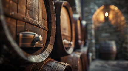 Antique wooden barrels on a blurry dark wine cellar backdrop