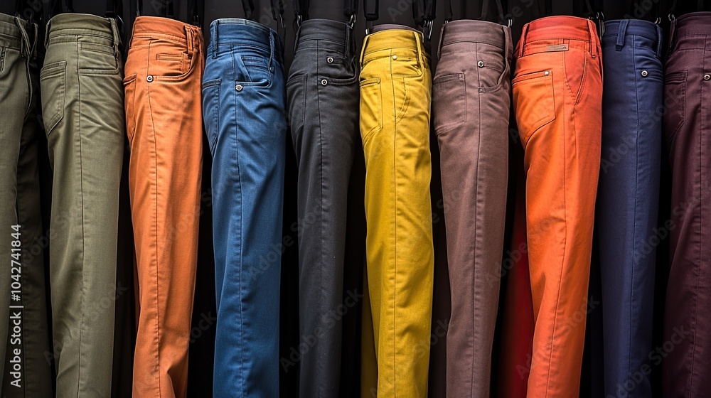 Poster colorful array of casual trousers on display