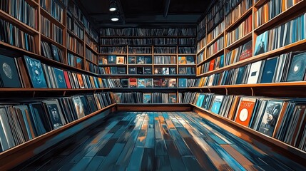 Obraz premium Shelf of vinyl records with music store background 