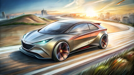 Naklejka premium hand drawn design of modern a car runing on the road