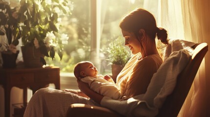 Obraz premium A mother gently rocking her baby in her arms, sitting in a comfortable chair in a sunlit room, capturing the bond of love and care.