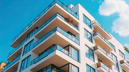 Modern Apartment Building with Balconies and Blue Sky
