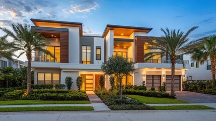 Fototapeta premium Modern Luxury Home Exterior with Palm Trees at Sunset