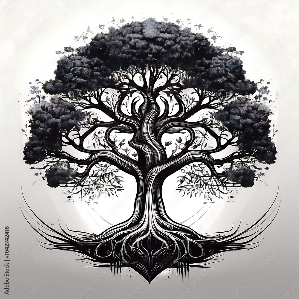Poster a stylized black and white illustration of a large tree with a circle behind it and gnarled roots.