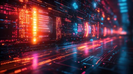 Fototapeta premium Futuristic digital landscape with vibrant neon lights and patterns.