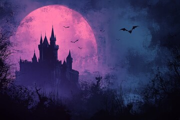 Dark blue Halloween background featuring a spooky castle, purple moon, and flying bats, designed with a grunge frame and high-resolution texture.