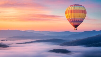 Fototapeta premium A vibrant hot air balloon soaring above a serene landscape at sunrise, enveloped in soft clouds and gentle colors of dawn.