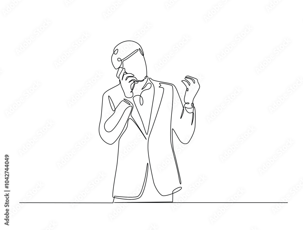 Poster continuous one line drawing of businessman holding mobile phone. bussy man calling use smartphone si