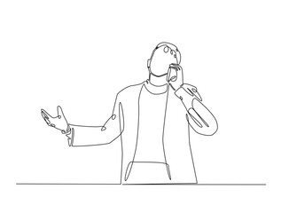 Continuous one line drawing of businessman holding mobile phone. Bussy man calling use smartphone single line art vector illustration. Editable vector.