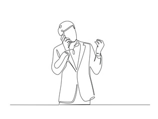 Continuous one line drawing of businessman holding mobile phone. Bussy man calling use smartphone single line art vector illustration. Editable vector.