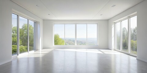 Obraz premium Abstract Minimalist Interior Photography of a Serene White Room with Large Window, Soft Natural Light, Clean Lines, and Subtle Textures for Modern Home Decor Inspiration