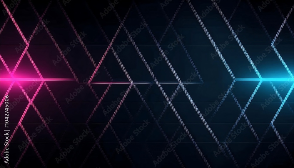 Poster abstract geometric pattern with glowing lines in pink and blue on a black background.