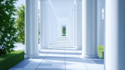 Serene Corridor with White Columns and Lush Greenery