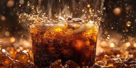 a glass of cola with ice and water