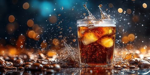 a glass of cola with ice and water