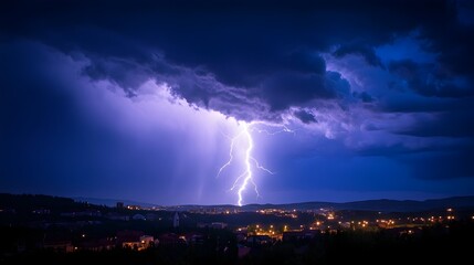 Dramatic Thunderstorm with Powerful Lightning Bolt Illuminating the Nighttime City Skyline