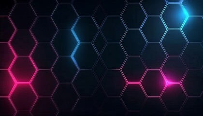 Fototapeta premium Abstract geometric pattern of glowing hexagons on a dark background.